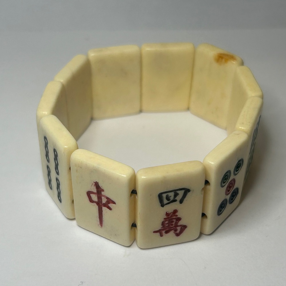 Vintage Mahjong Tile Stretch Bracelet Cream Hand Painted Game Piece Jewelry